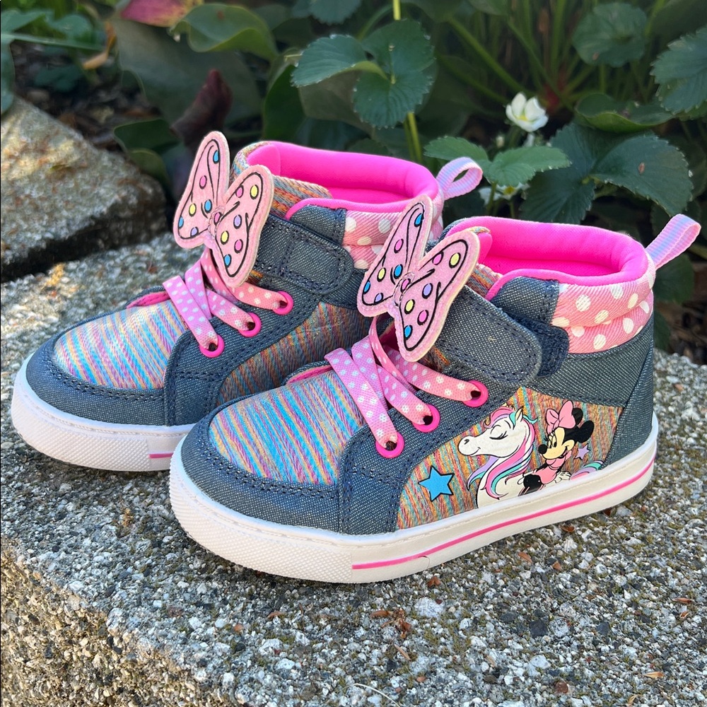 Disney Girls Pink Denim-Style High-Top Sneakers with Unicorn & Minnie Mouse